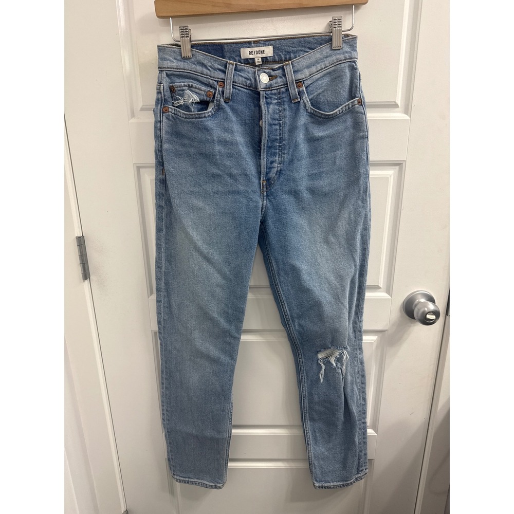 RE/DONE High Rise Ankle Crop Distressed Straight Leg Jeans Medium Wash 26